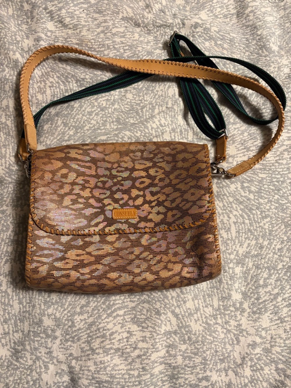 Consuela Leopard-Print Tan and Gold Crossbody Bag